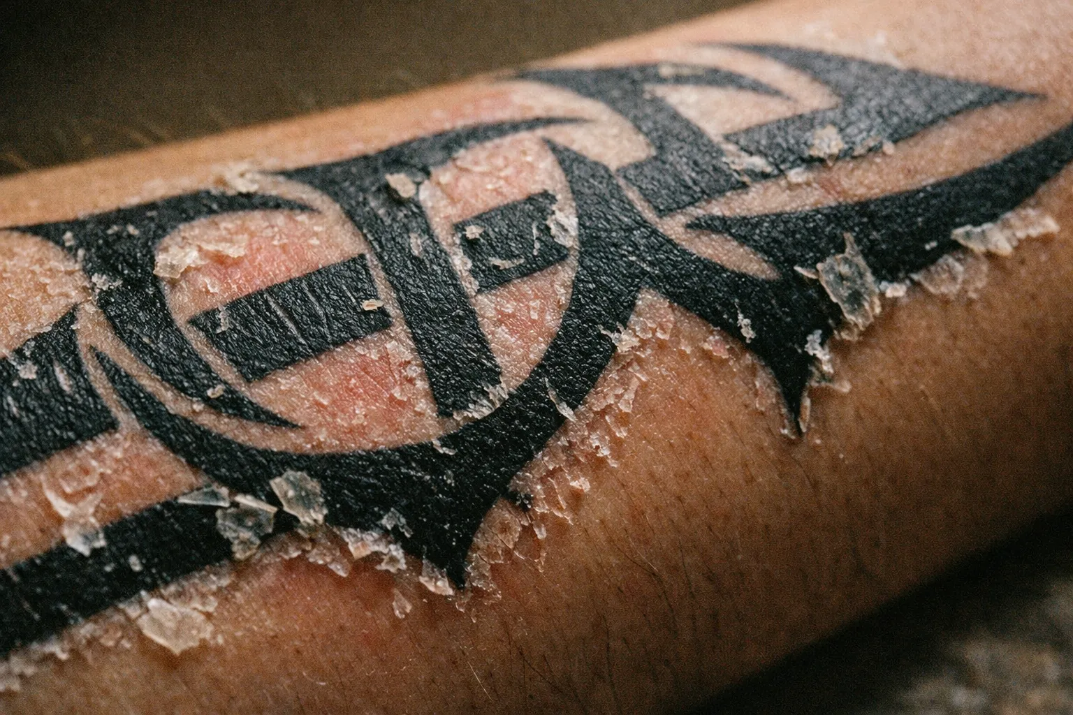 Forearm tattoo during early peeling stage with flaky patches around the lines