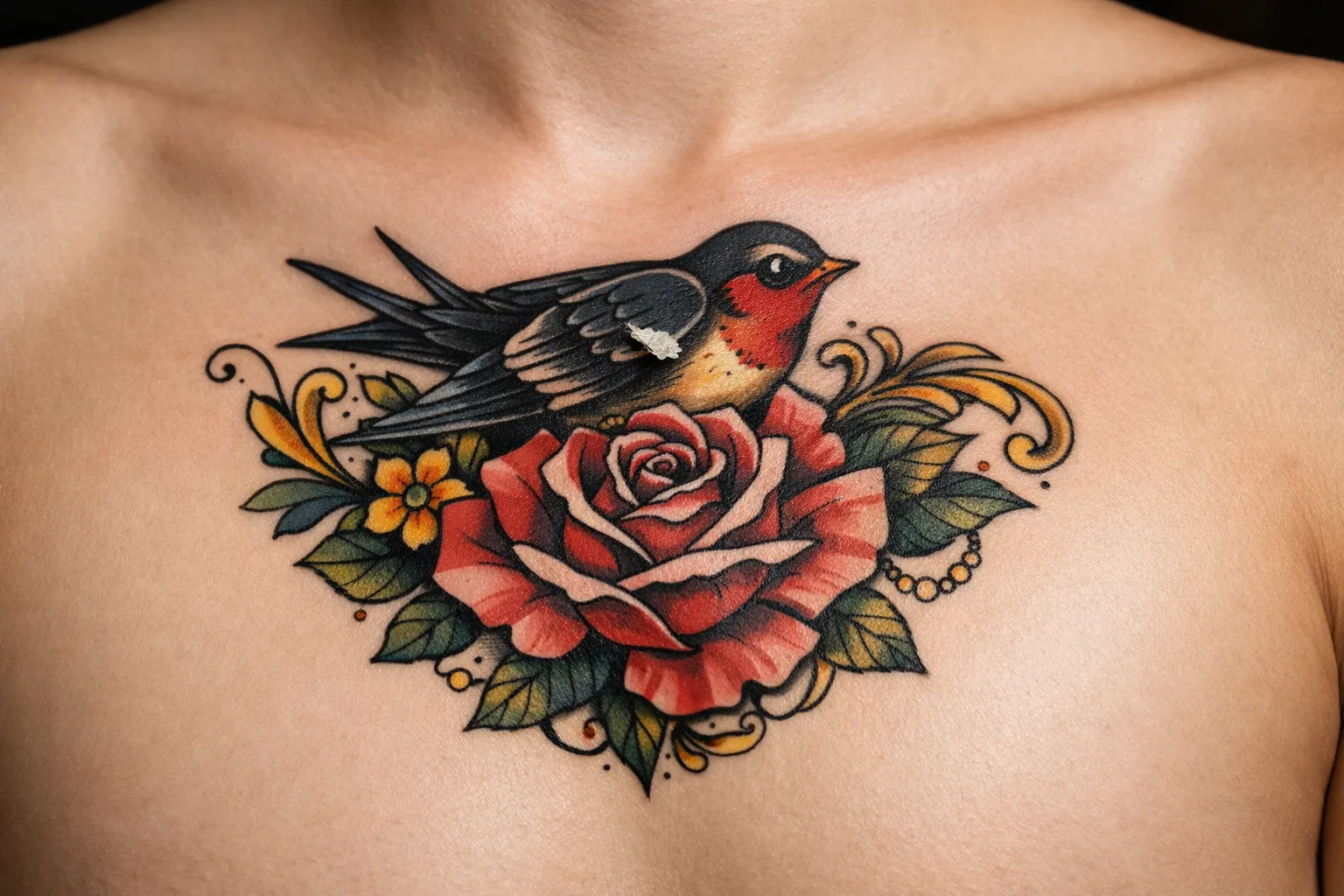 A colorful bird and rose tattoo is visible on a person's upper chest.