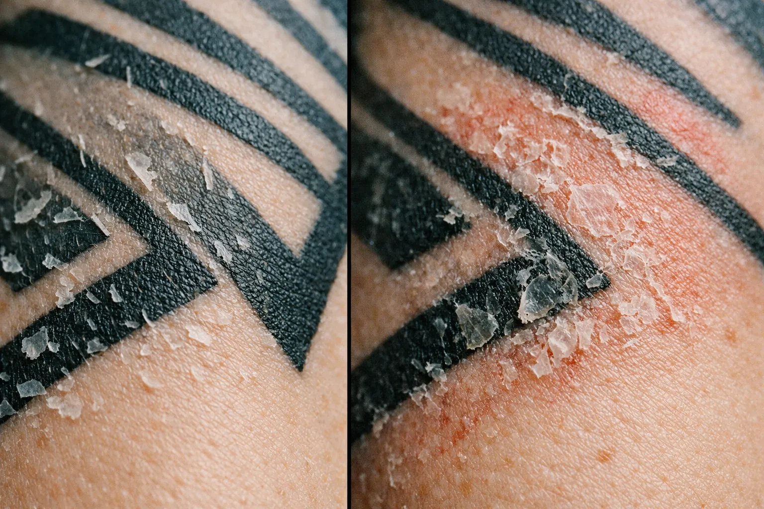 Forearm tattoo showing normal peeling on one side and warning signs like redness on the other