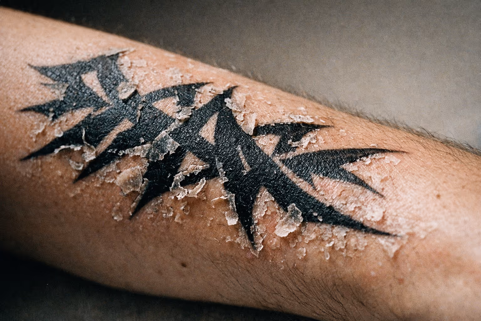 Editorial close-up of a peeling forearm tattoo for feature image