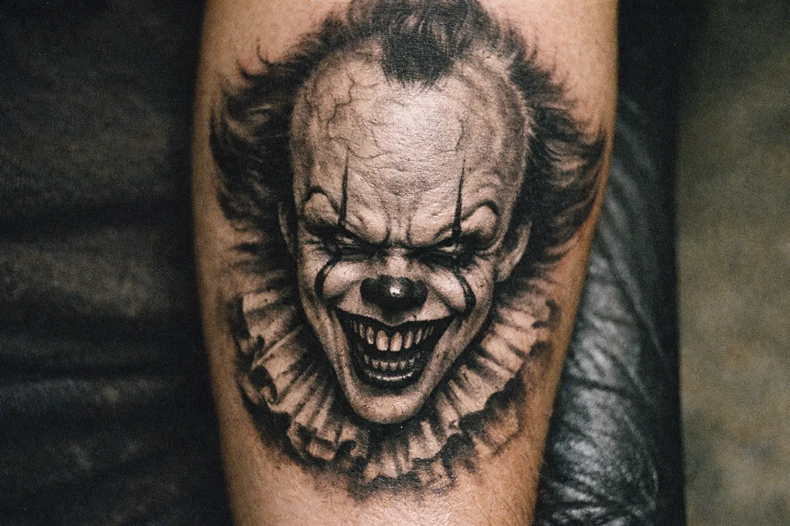 Black-and-gray Pennywise portrait on forearm, close-up