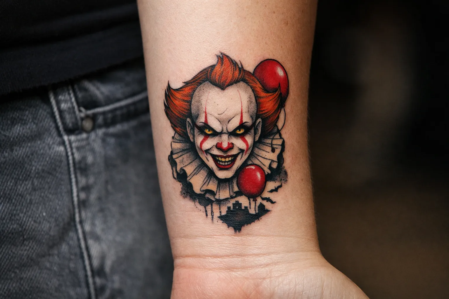 A Pennywise clown tattoo is inked on a person's inner forearm.