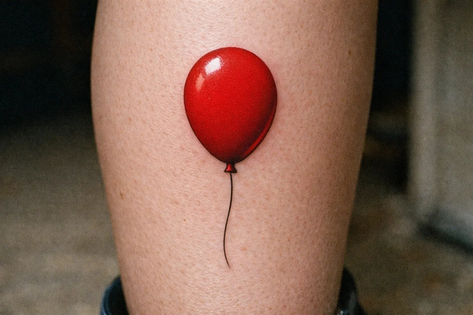 Red Pennywise balloon tattoo on calf, simple and bold
