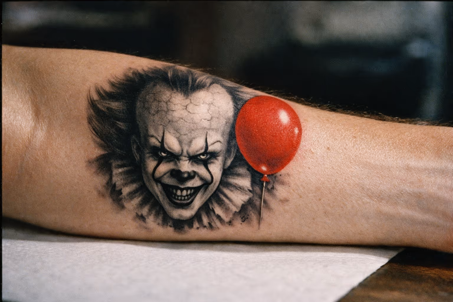 Editorial hero shot of a Pennywise tattoo on forearm blending black-and-gray portrait with a red balloon