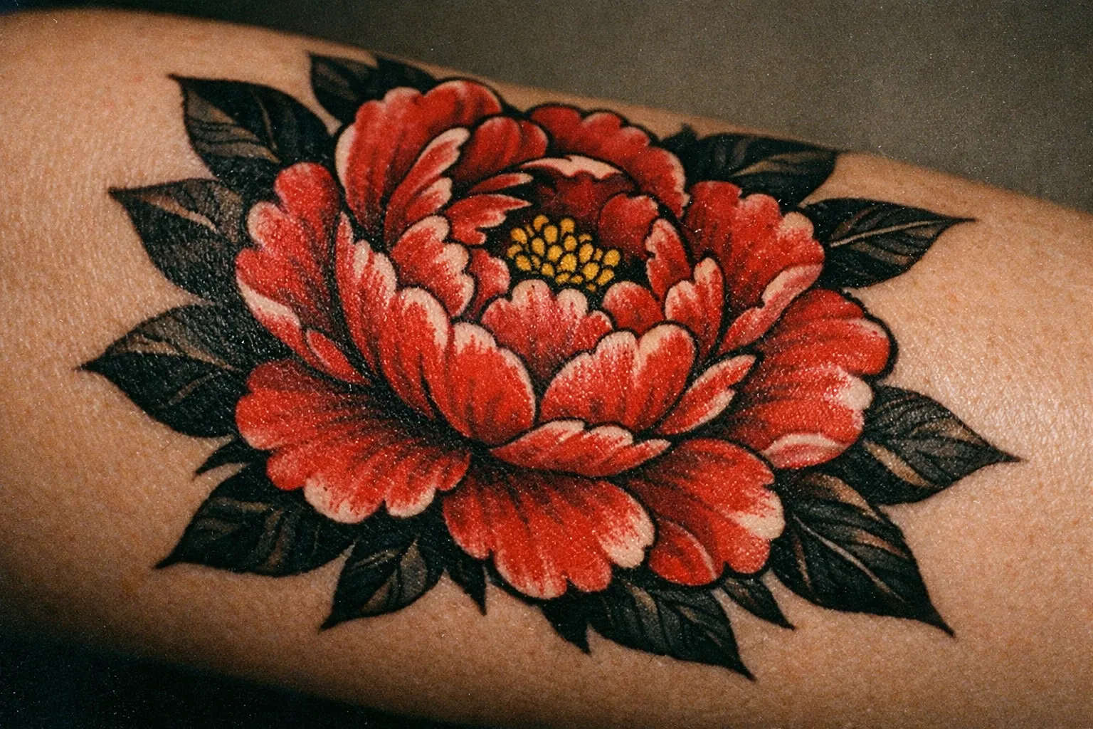 Forearm tattoo of a single peony representing birth month flowers
