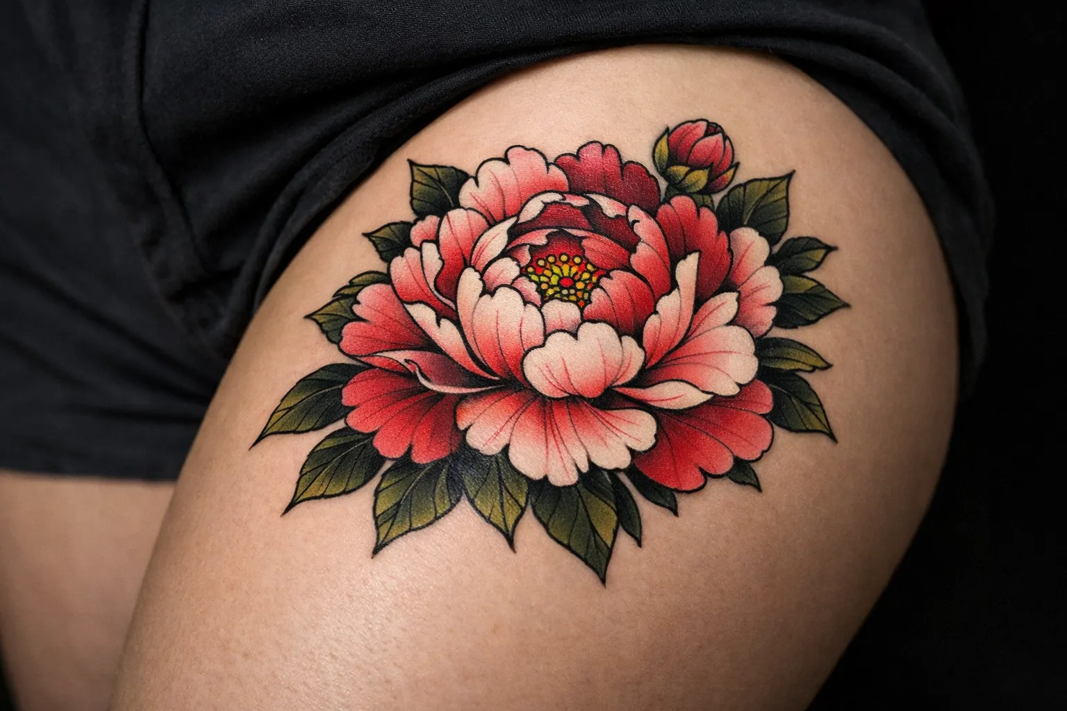 A large peony flower tattoo is displayed on a person's upper thigh.