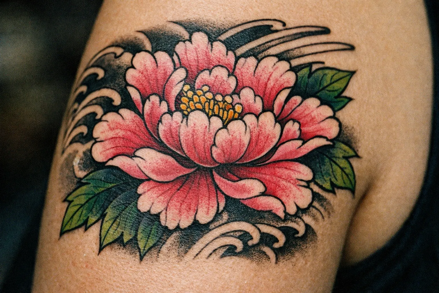 Japanese-style botan peony tattoo on upper arm with waves and wind bars