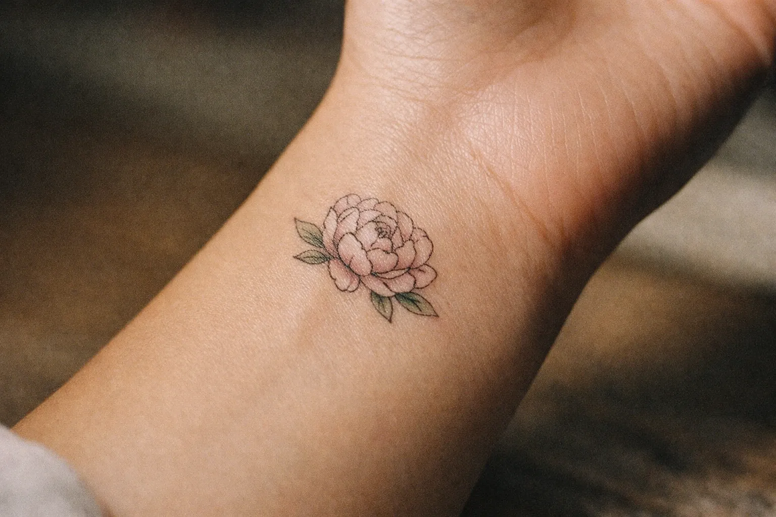 Tiny peony tattoo on inner wrist with fine lines