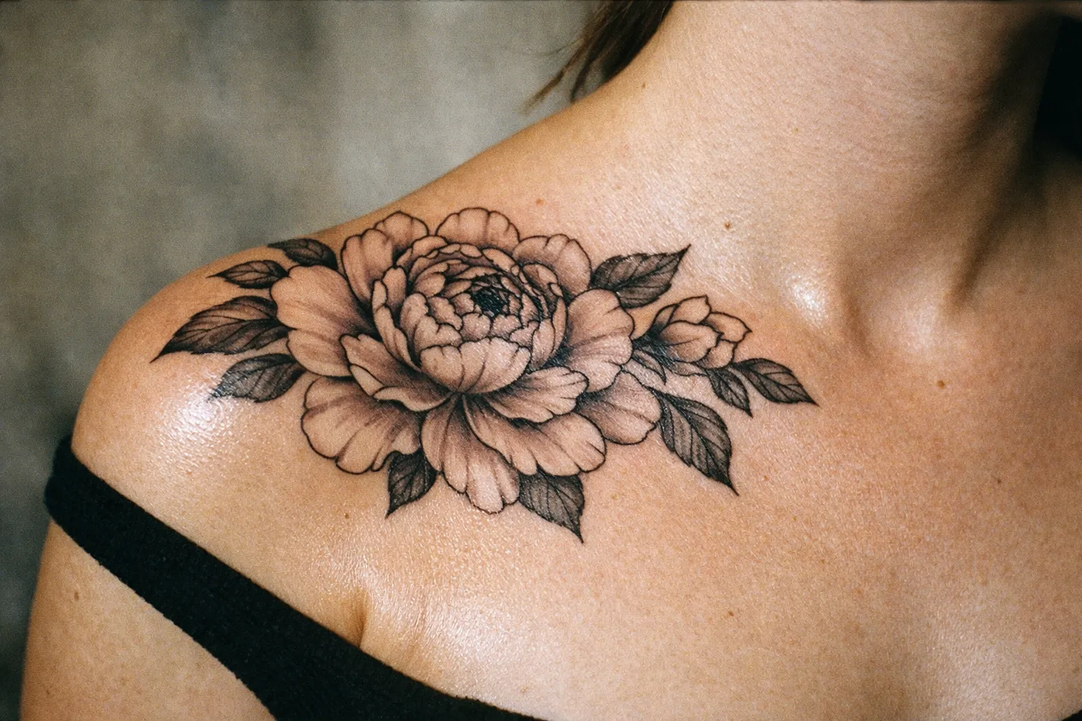 Medium-sized peony tattoo along collarbone and shoulder with large petal details