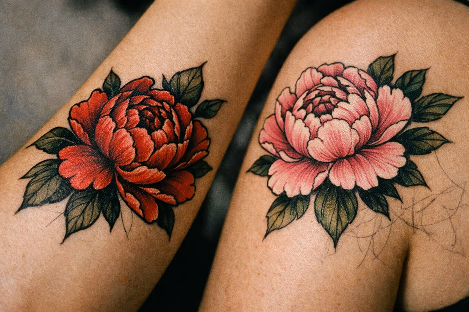 Editorial close-up shot featuring peony tattoos on forearm and shoulder, highlighting linework and color saturation