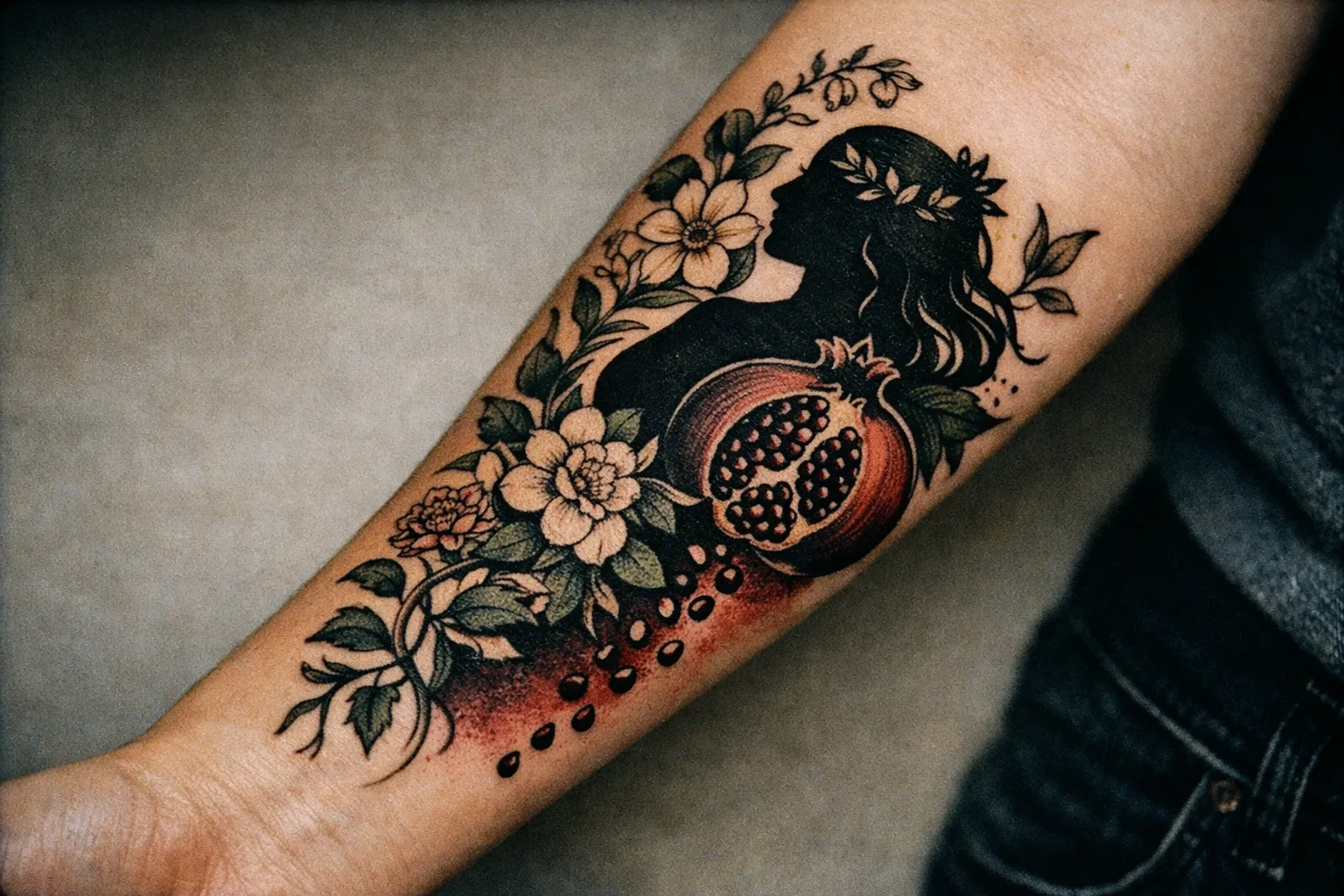 Forearm tattoo on skin showing a Persephone-inspired design with pomegranate and seasonal motifs