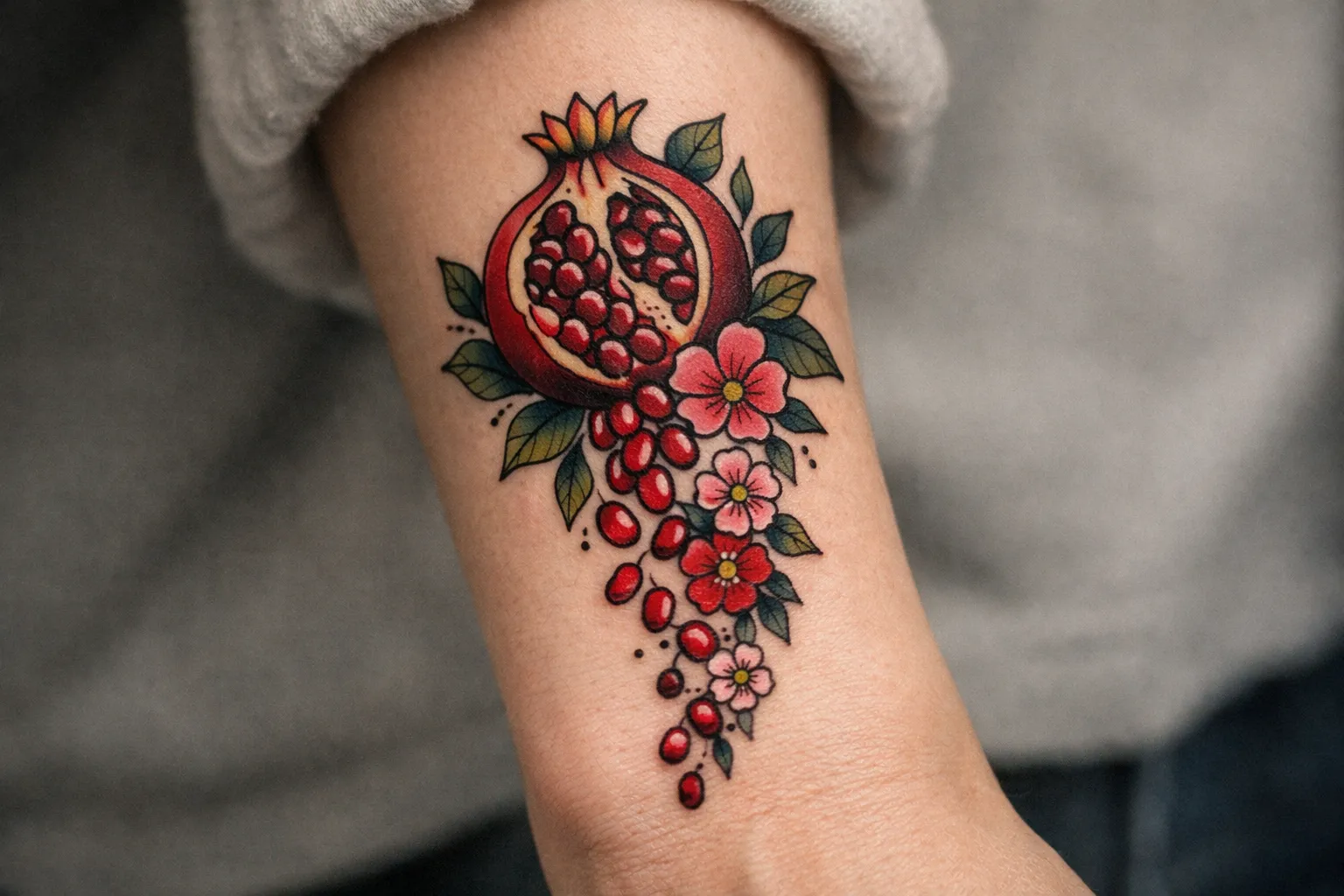 A forearm displays a colorful tattoo of a pomegranate with flowers and leaves.
