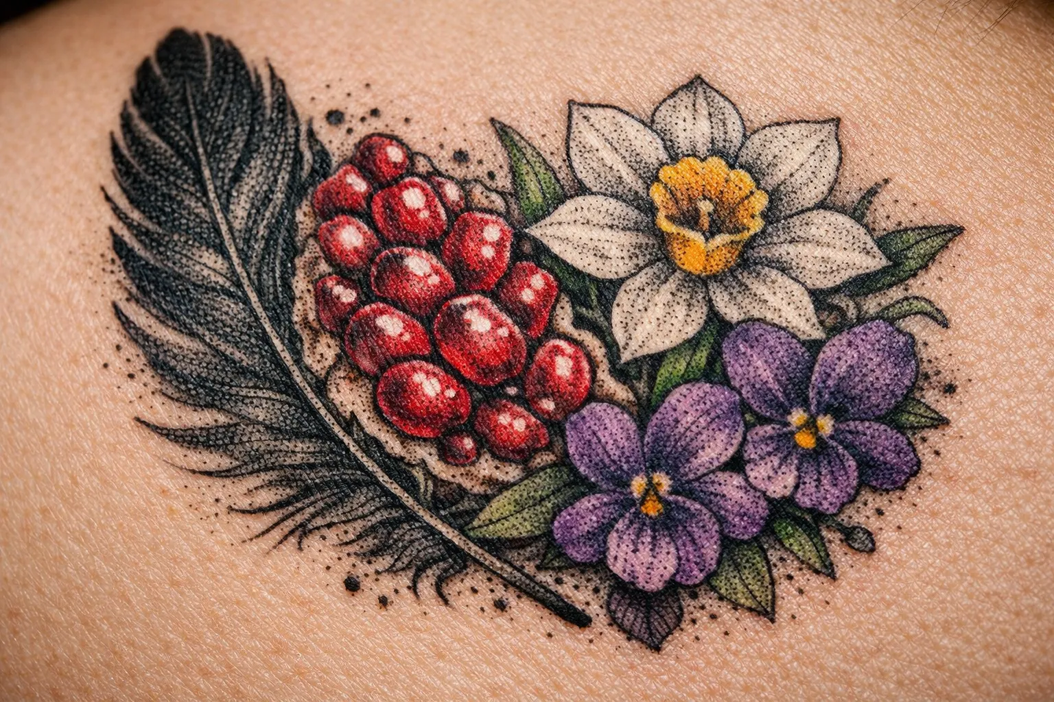A tattoo of a feather, red seeds, white daffodil, and purple violets on skin.