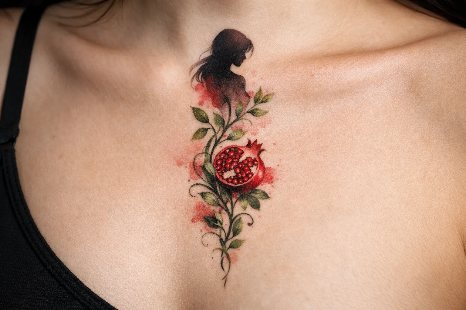 A woman's upper chest with a tattoo of a female silhouette, leafy vine, and pomegranate.