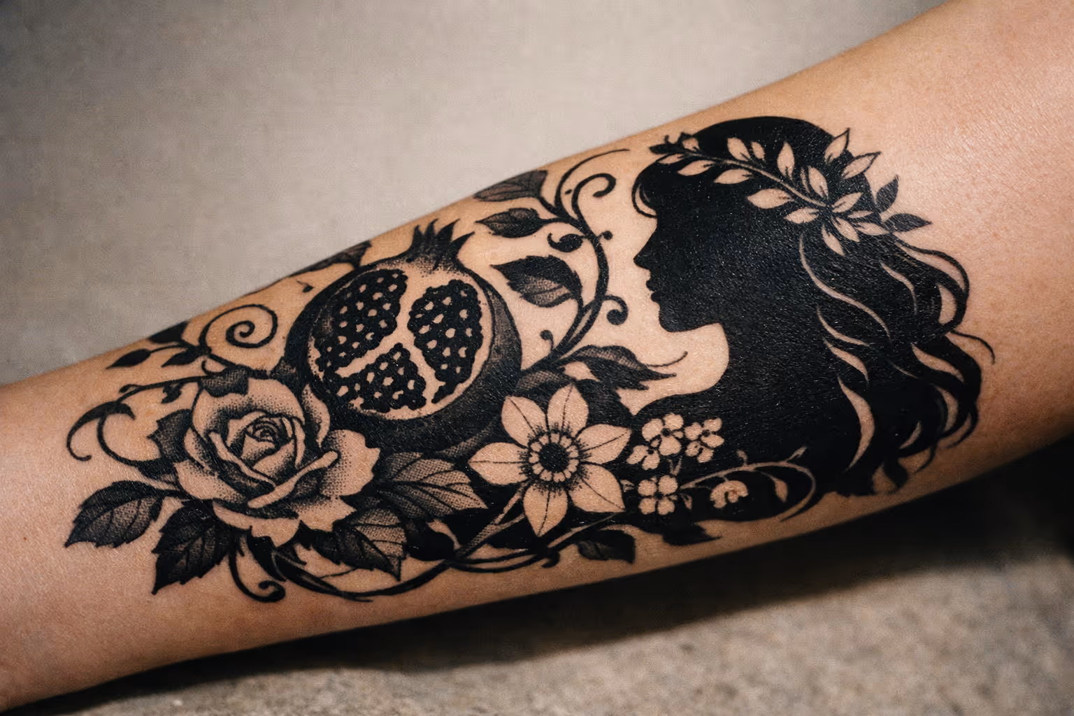 A Persephone-inspired forearm tattoo featuring a pomegranate motif, vines, and a subtle negative-space silhouette.