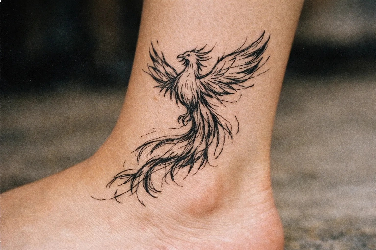 A black linework phoenix tattoo is visible on the side of a person's ankle.