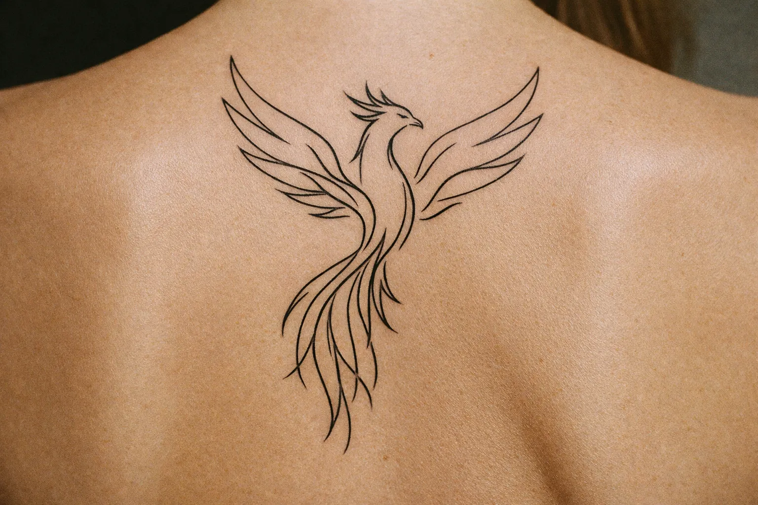 A phoenix tattoo is inked on the upper back of a person.