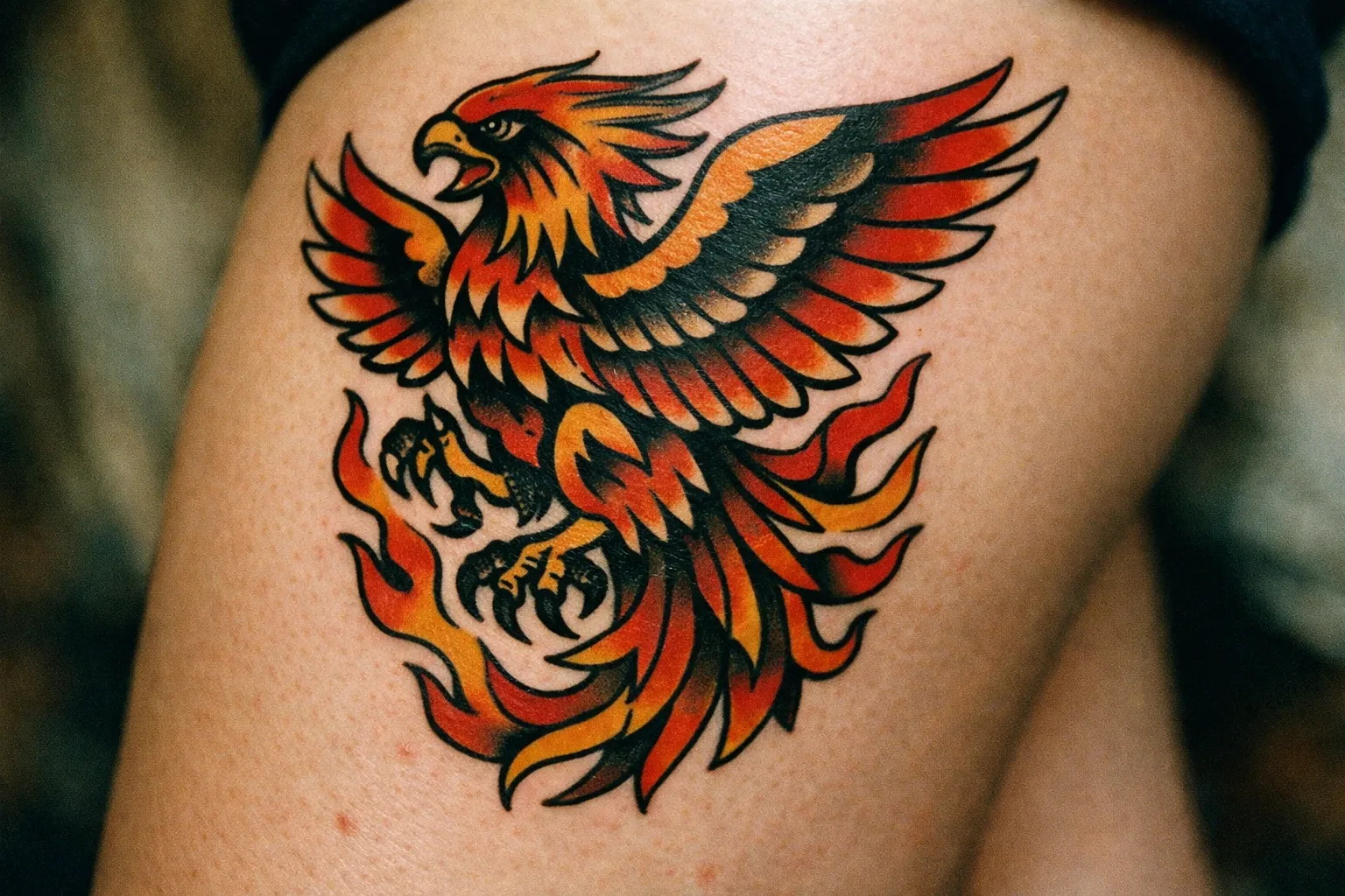A colorful phoenix tattoo is inked on a person's upper thigh.