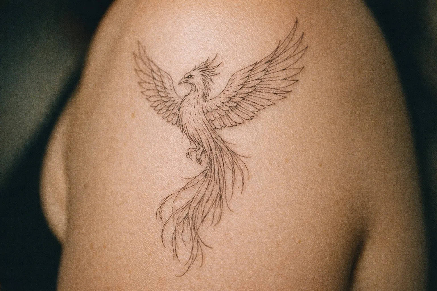 A linework phoenix tattoo on a person's upper arm.