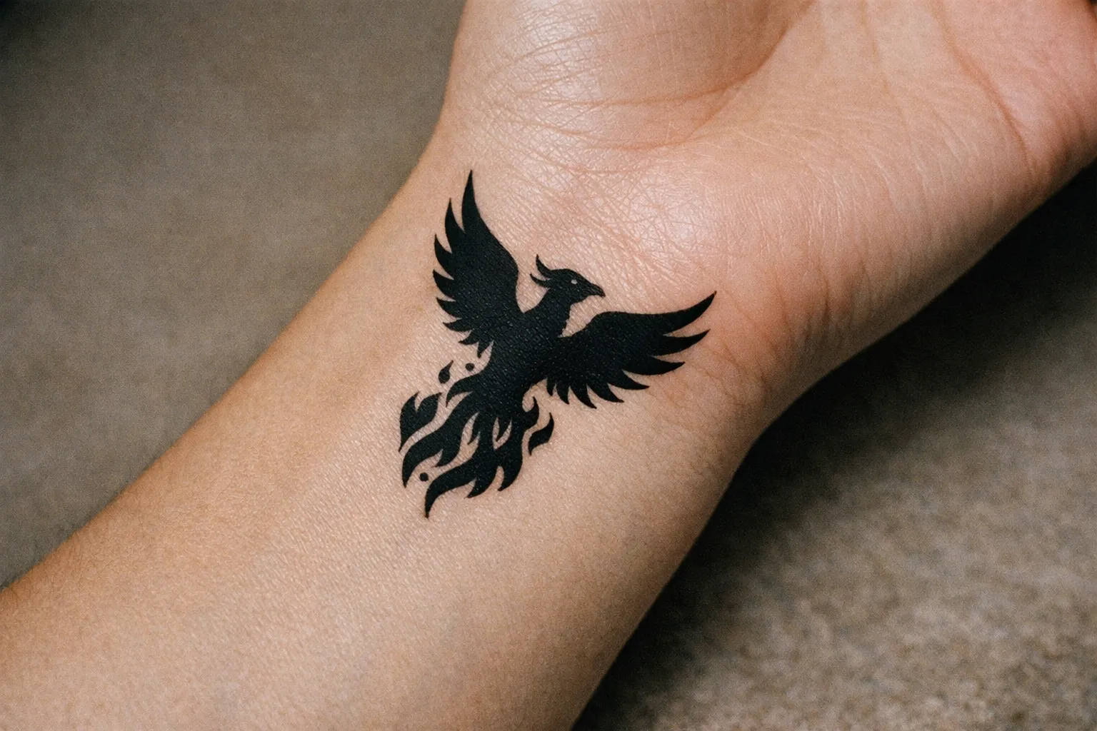 A wrist with a black phoenix tattoo against a neutral background.