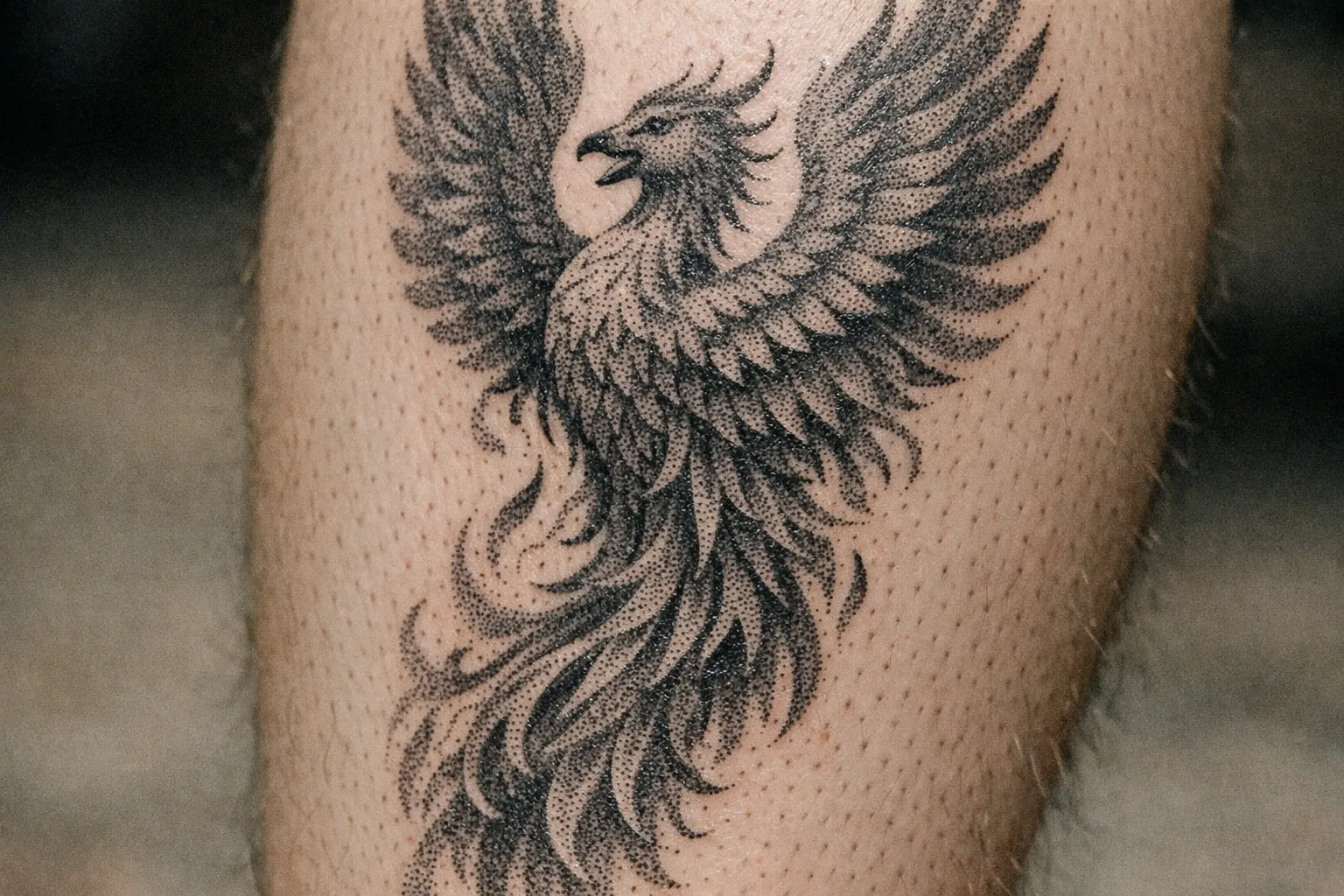 A phoenix tattoo with outstretched wings is inked on a person's leg.