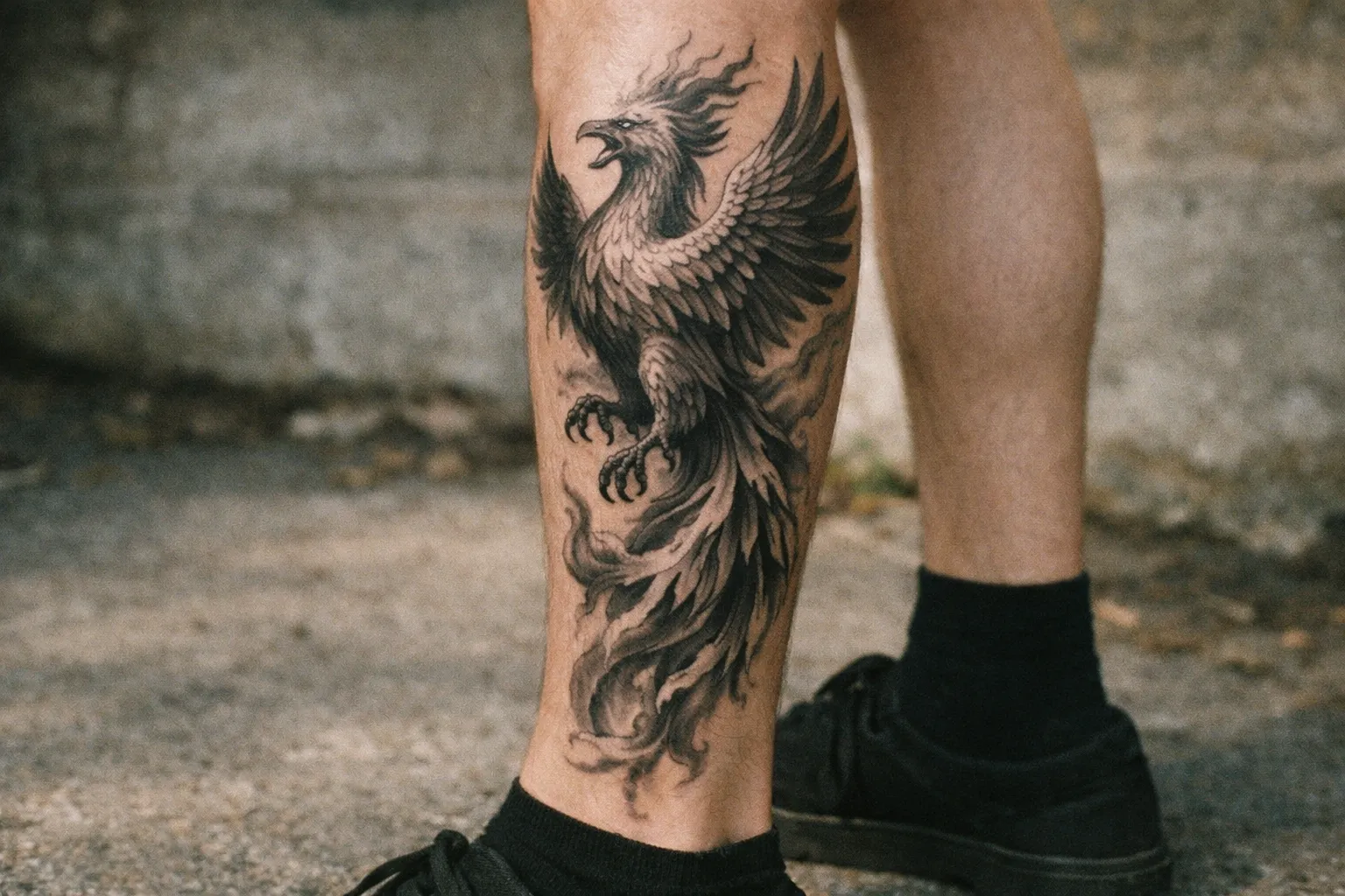 A person with a large phoenix tattoo on their calf stands on a concrete surface outdoors.
