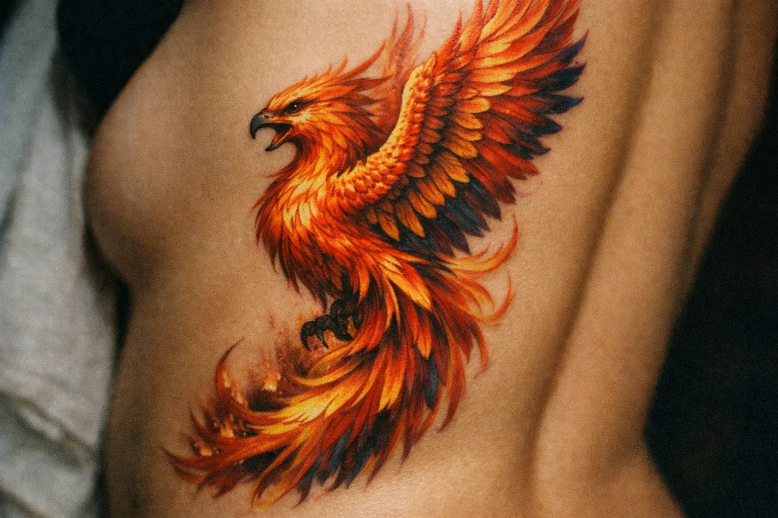 A vibrant phoenix tattoo covers the side of a person's ribcage.