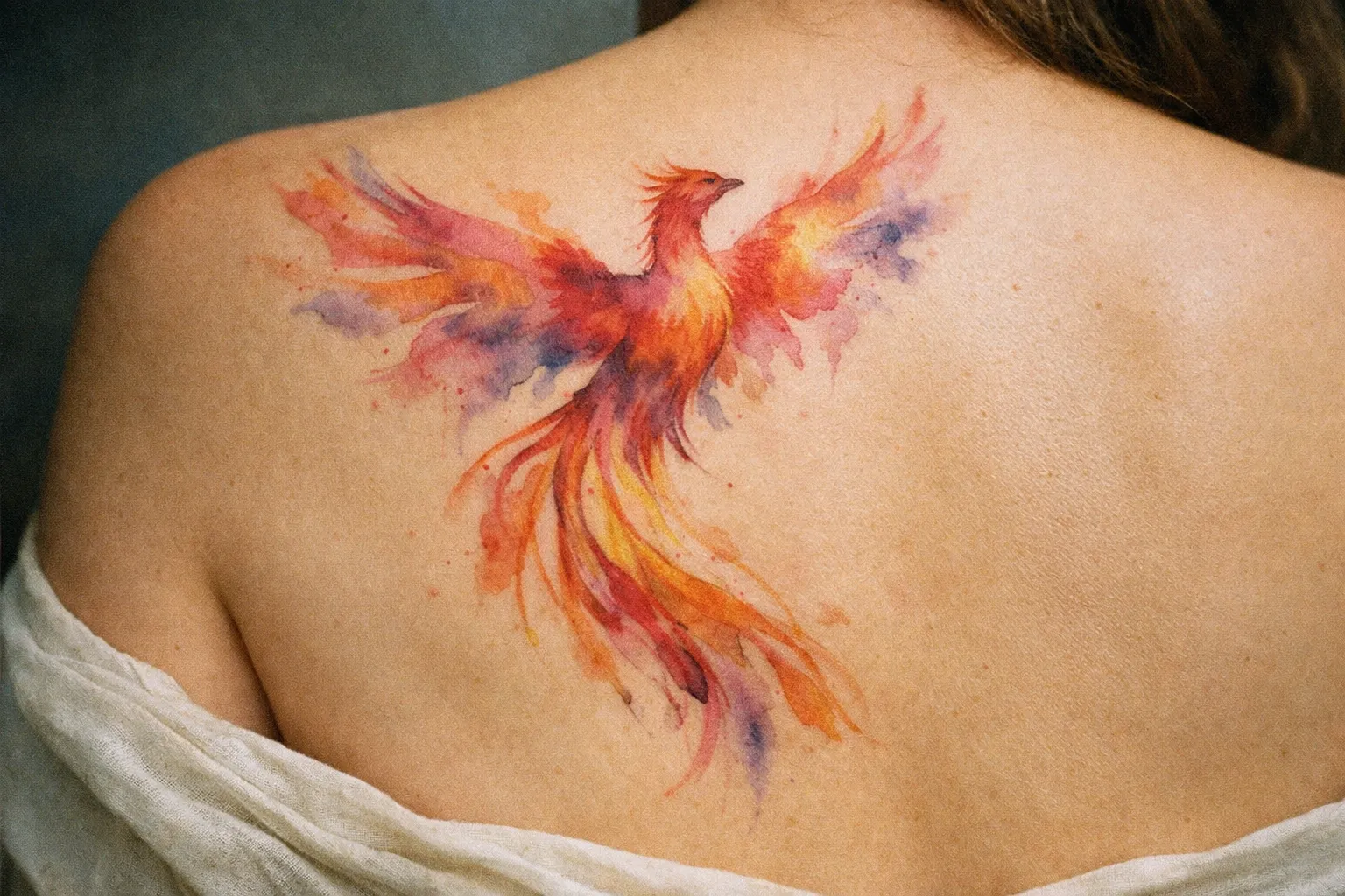 A watercolor-style phoenix tattoo is displayed on a person's upper back.