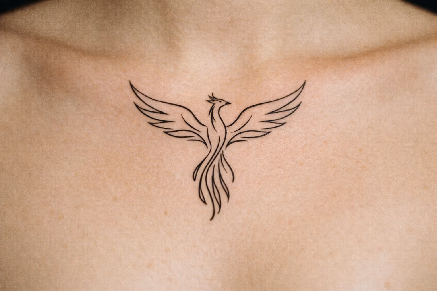 A simple phoenix tattoo is inked at the center of a person's upper chest.