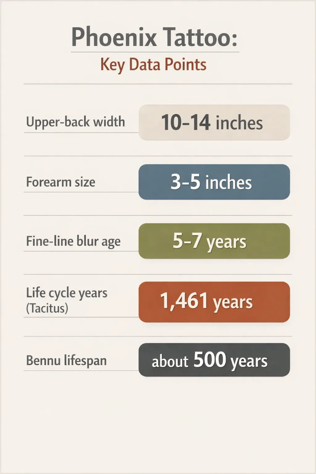 Infographic data points for phoenix tattoo meaning: upper-back width 10-14 inches, forearm 3-5 inches, fine-line blur 5-7