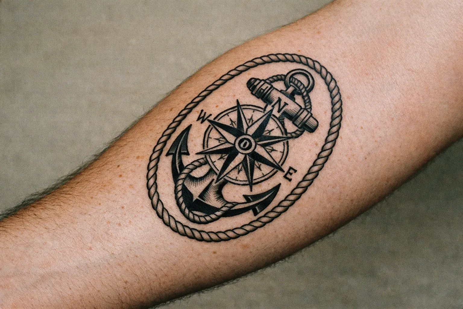 Forearm tattoo of a compass rose intertwined with an anchor, symbolizing adventure and loyalty; macro shot