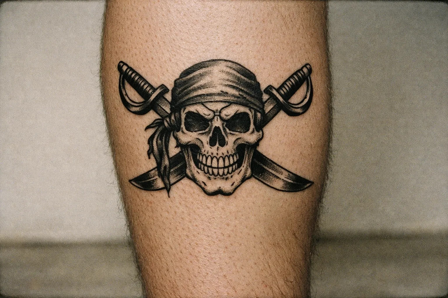 Calf tattoo depicting a bold pirate skull with crossed swords behind it in black and gray