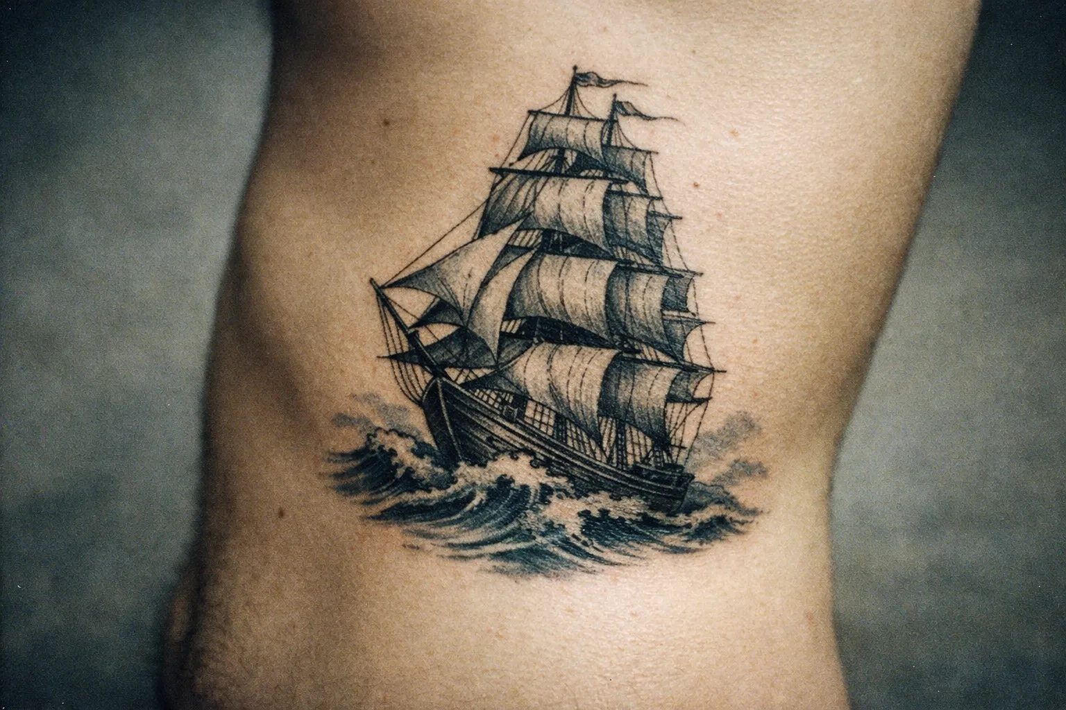 Ribcage tattoo of a classic sailing ship with billowing sails and crashing waves