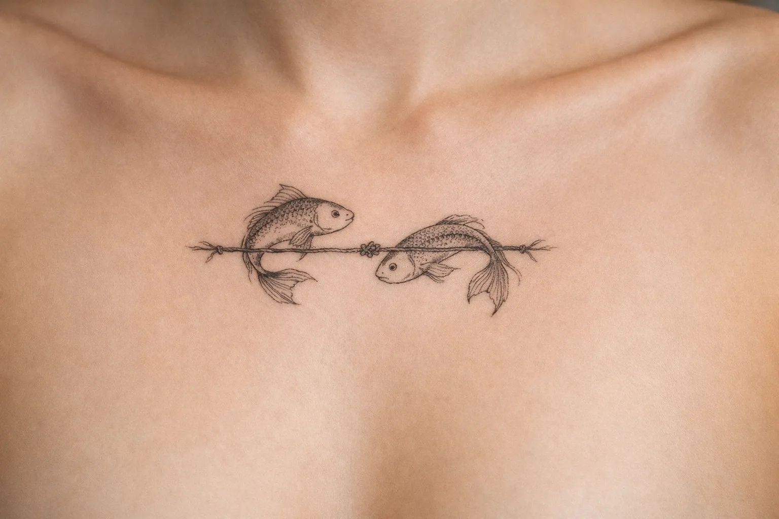 A fine-line tattoo of two fish facing each other on a person's upper chest.