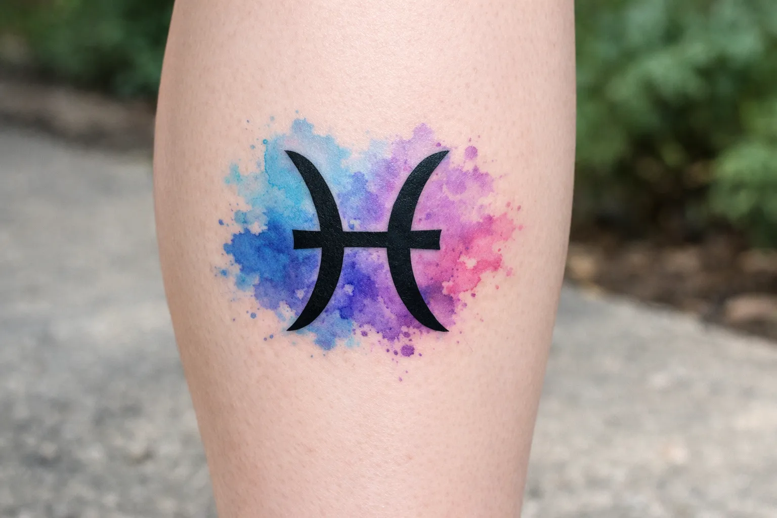 A Pisces zodiac symbol tattoo with a watercolor background on a person's leg outdoors.