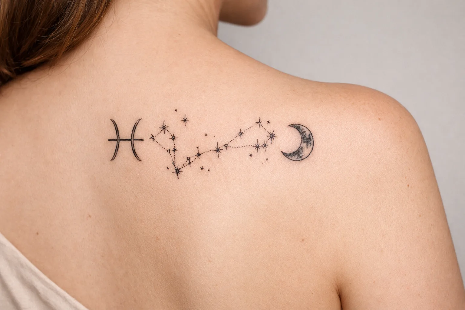 A woman's upper back displays a Pisces symbol, constellation, and crescent moon tattoo.