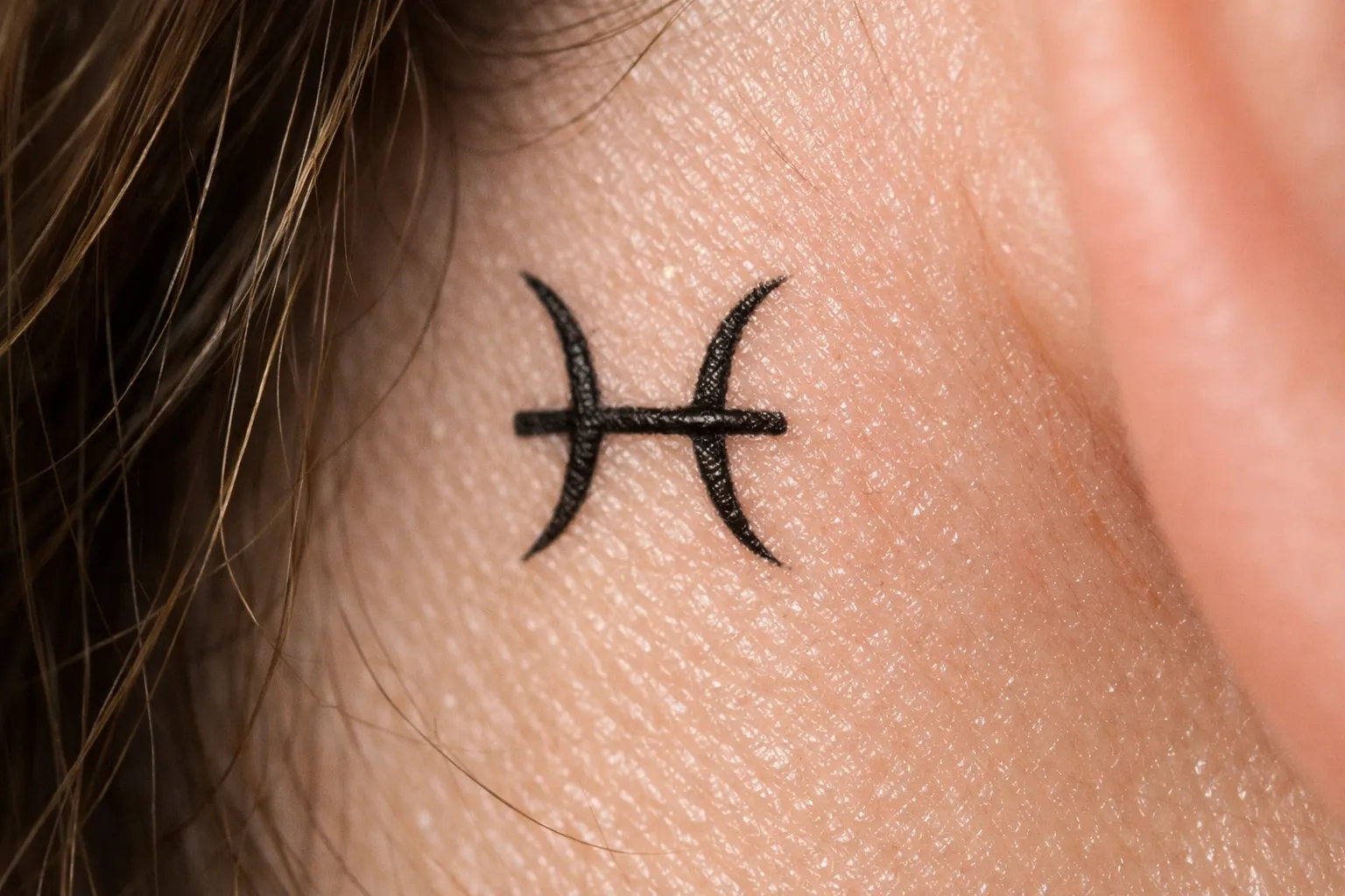 A black Pisces zodiac symbol tattoo behind a person's ear.
