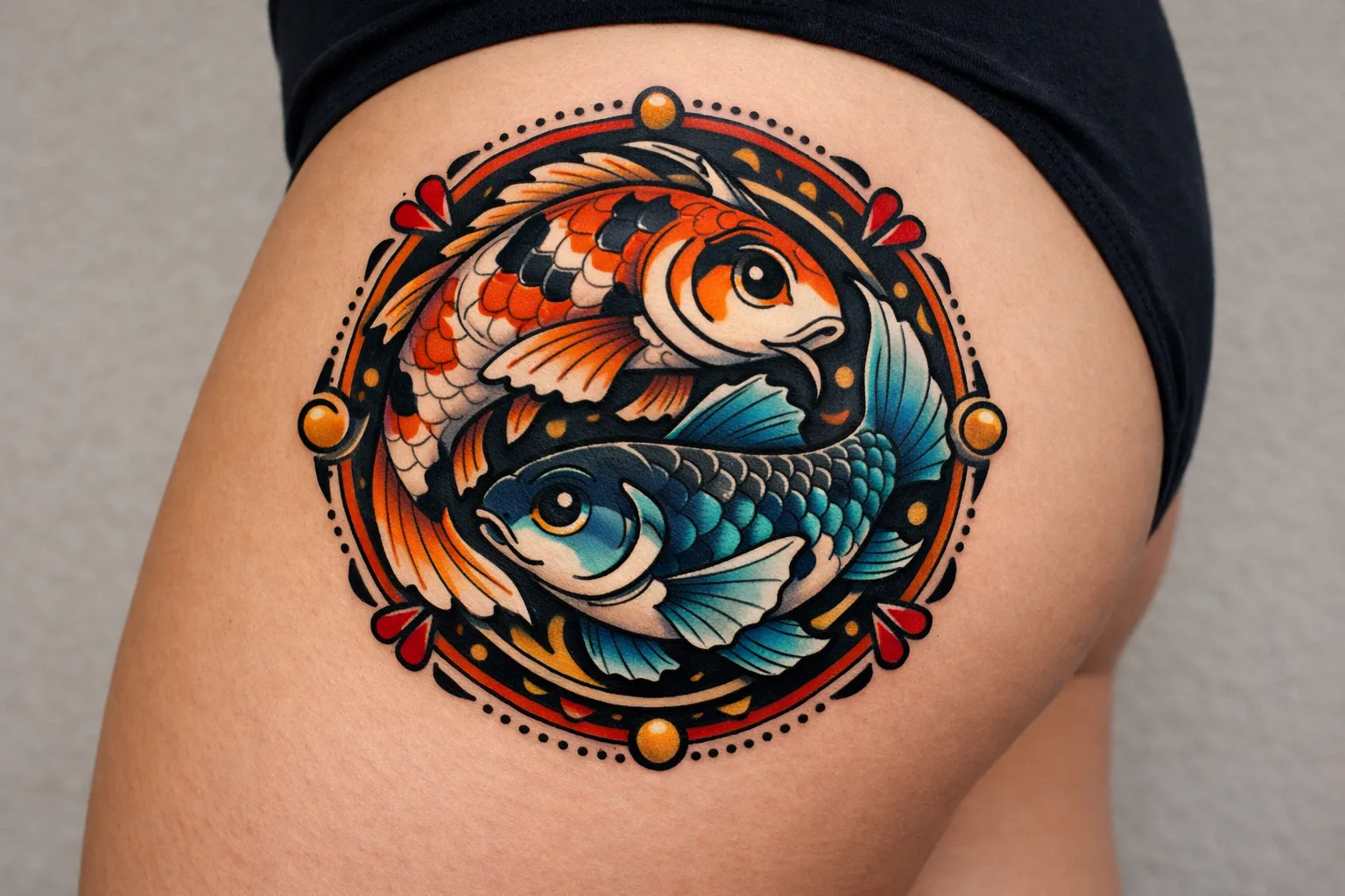 Two colorful koi fish tattooed in a circular design on a person's upper thigh.