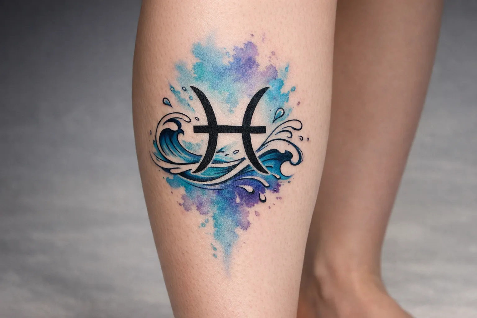 A Pisces zodiac symbol tattoo with waves and blue watercolor on a person's lower leg.