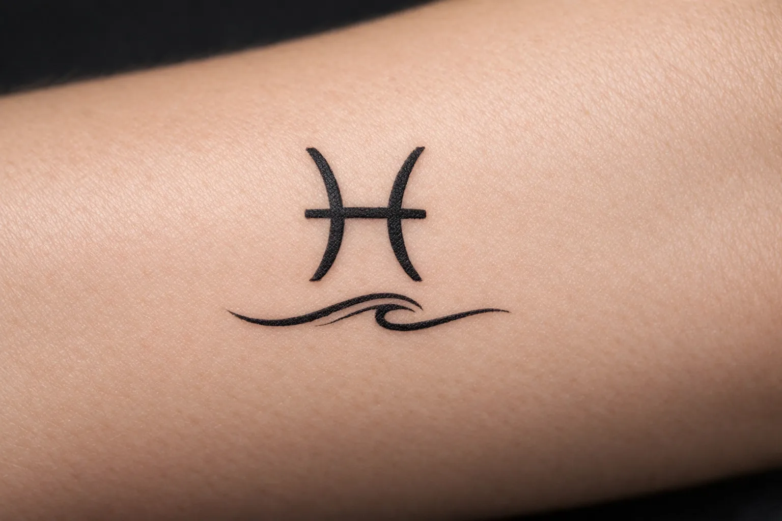 A Pisces zodiac symbol tattoo with a wave design is inked on a person's forearm.
