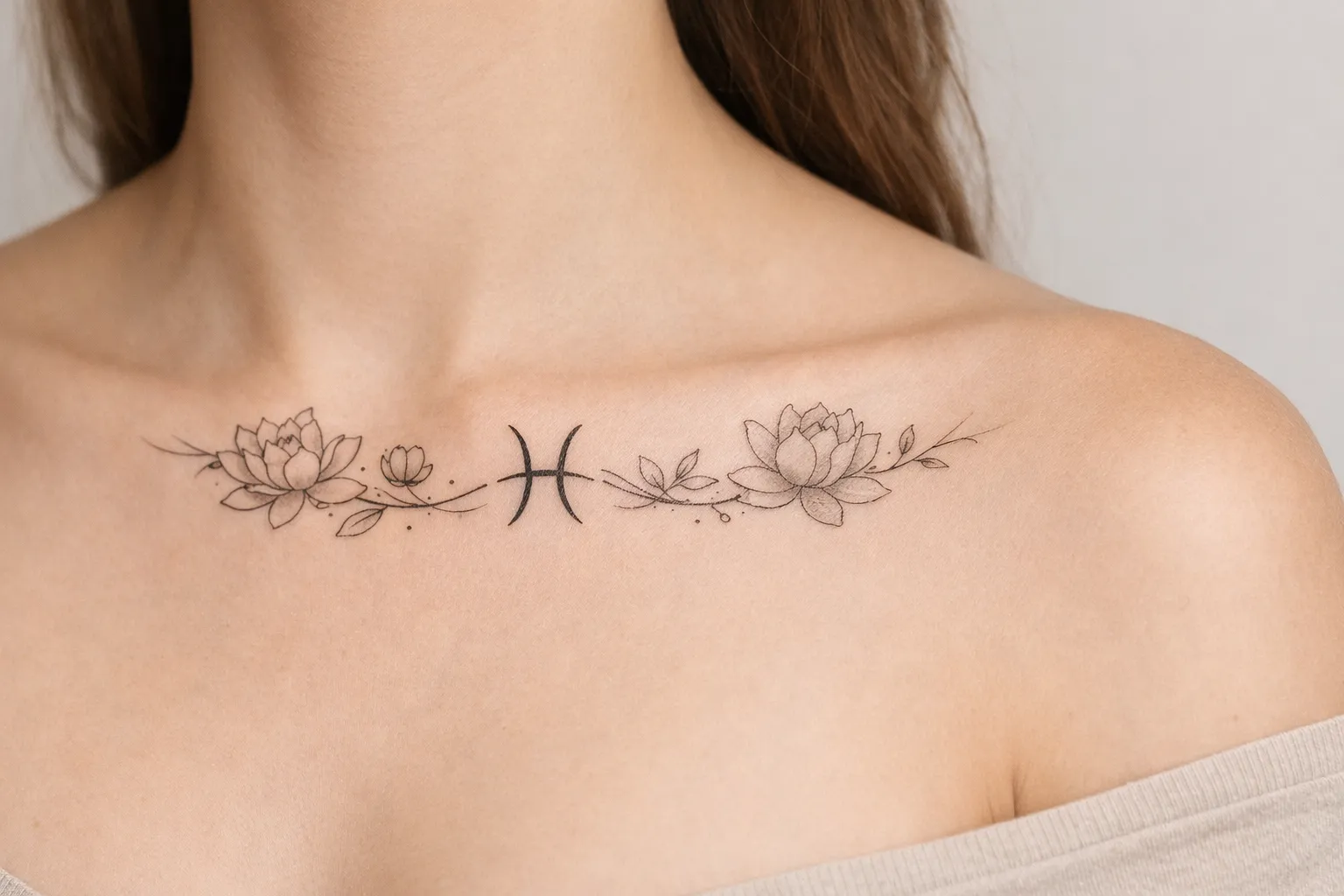 A woman with a Pisces symbol and floral tattoo across her upper chest and collarbone.