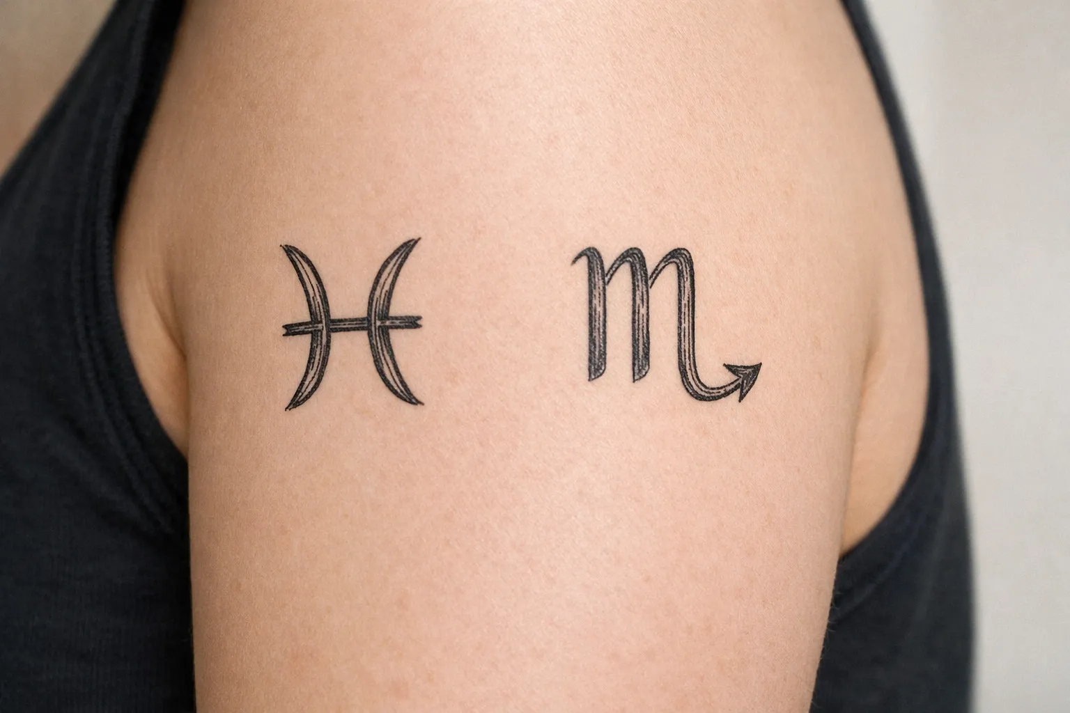 Pisces and Scorpio zodiac symbol tattoos on an upper arm.