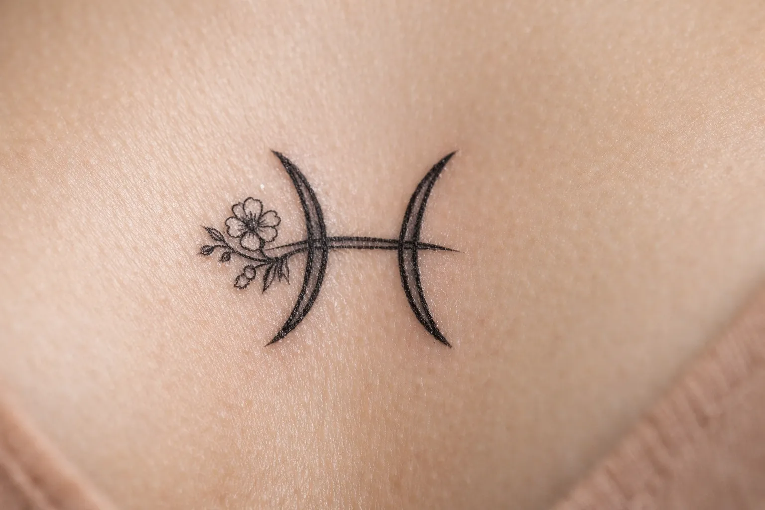 A Pisces zodiac symbol tattoo with a small flower adorns a person's skin.
