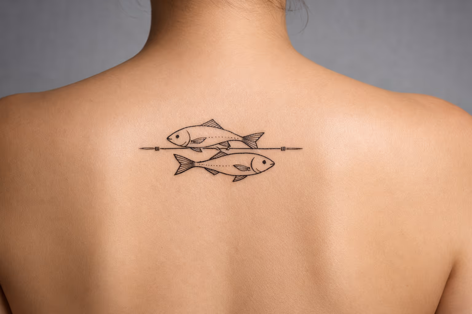 Two fish tattooed on a woman's upper back against a neutral background.
