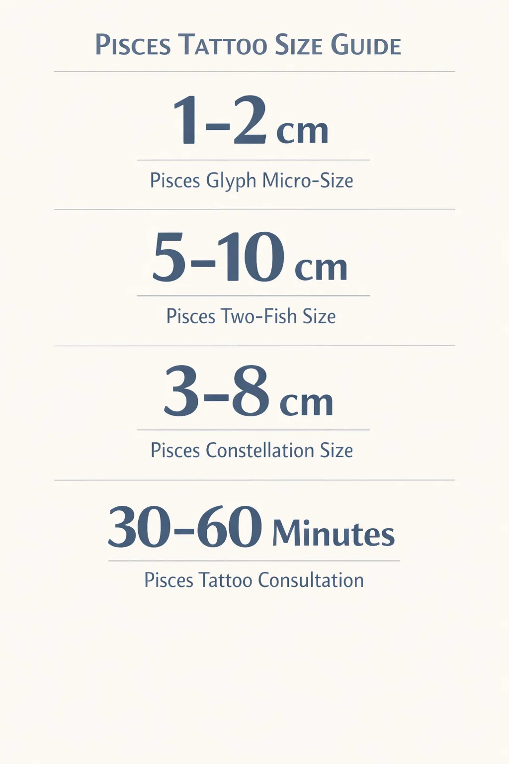 Pisces glyph 1-2 cm; two-fish 5-10 cm; constellation 3-8 cm; consultation 30-60 minutes