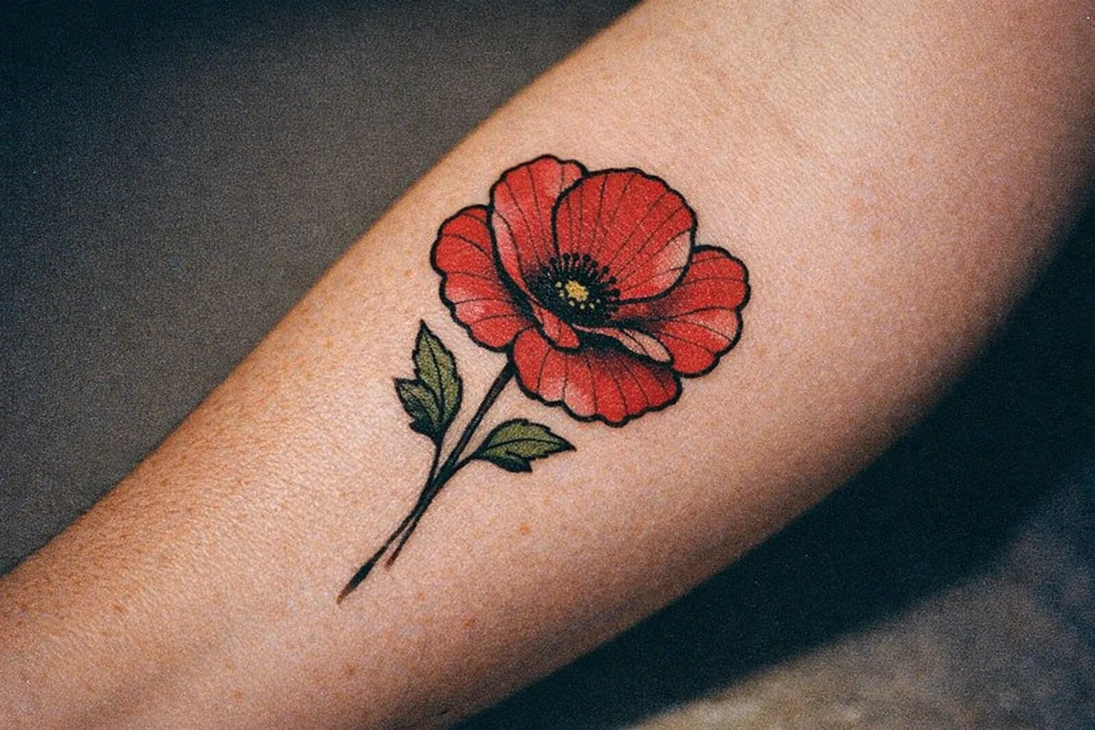 Close-up of a red poppy tattoo on forearm, bold black outline with subtle shading, skin texture visible