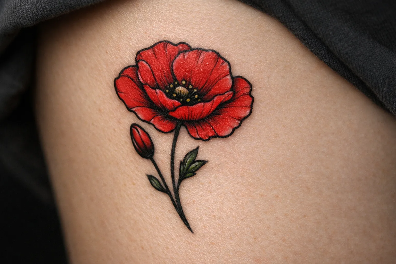 A red poppy flower tattoo is shown on a person's skin.