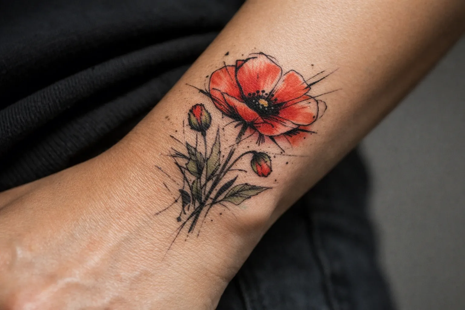 A red poppy flower tattoo on a person's forearm.