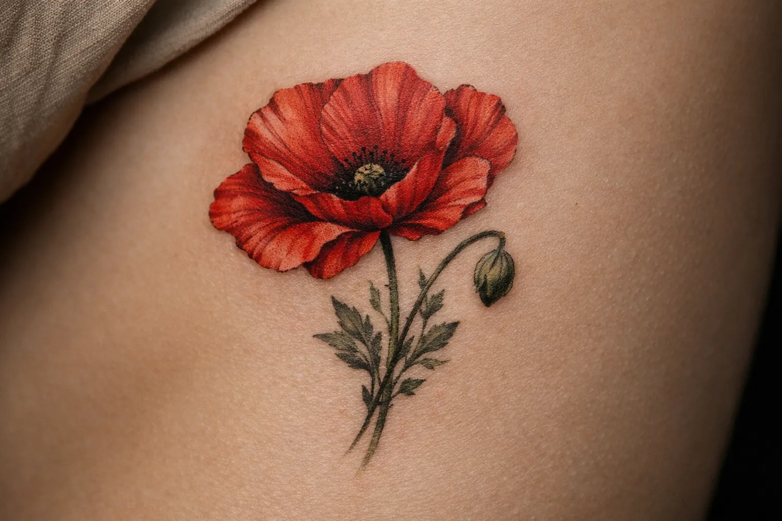 A realistic poppy flower tattoo on a person's skin.