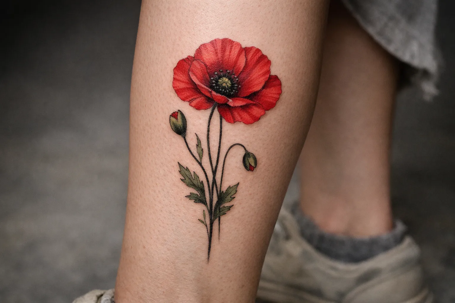 A person's lower leg with a realistic red poppy flower tattoo.